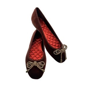 Birdies The Hummingbird Ballet Flats,Women's 6M,Brandy Velvet,Gold Bow,NIB